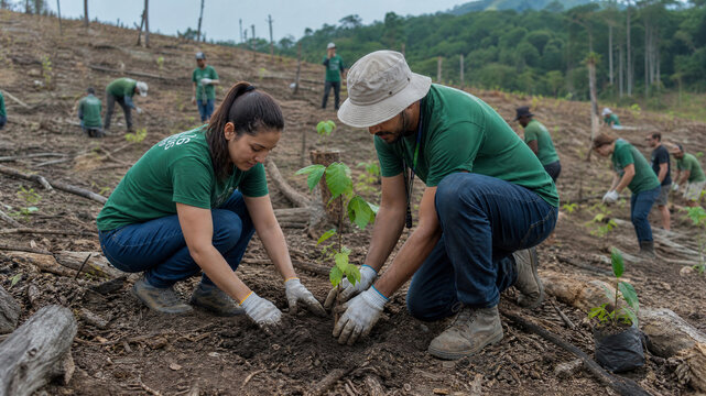 Environmental volunteers planting trees in deforested area, reforestation project with group of people, ecological restoration and conservation
