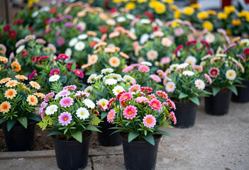 Naklejka premium Rows of colorful artificial daisy flowers in black pots, vibrant floral decoration for home and garden, These plastic and textile plants offer a low-maintenance decoration solution for homes