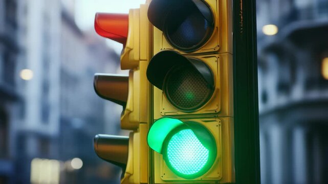 A traffic light showing a green and red light illuminated simultaneously at an intersection in the city.