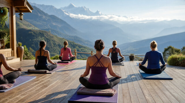 Yoga group practicing meditation on mountain deck, people in lotus pose at wellness retreat, serene outdoor morning exercise