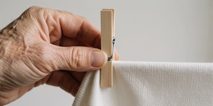 Elderly woman hanging white laundry with a wooden clothespin representing household chores