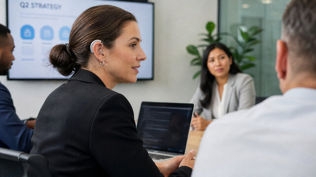 Professional businesswoman with hearing aid in office meeting, diverse corporate team discussing Q2 strategy, inclusive workplace environment