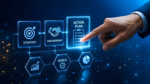 Businessman hand pointing at a futuristic digital interface selecting action plan in a strategic partnership and goal management workflow