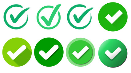 Set of eight diverse green checkmark icons featuring flat and brush stroke styles as isolated PNG elements for professional UI design projects © 4k