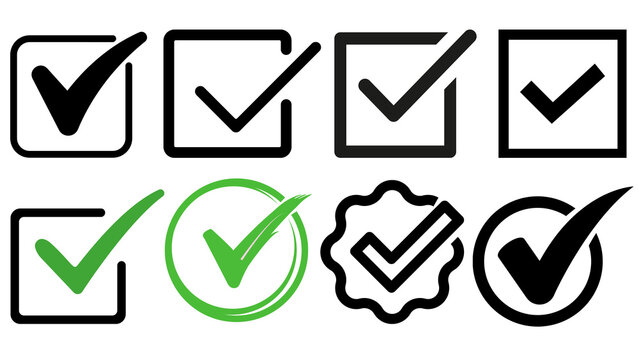 Set of isolated hand drawn check marks and geometric border icons in black and green for checklist design on transparent background PNG