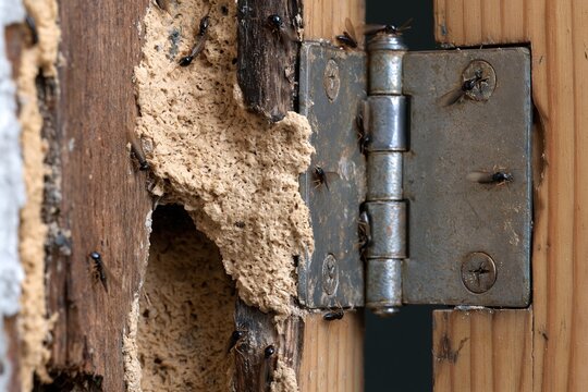 Close-up of termite damage on wooden door frame with metal hinge and visible insects