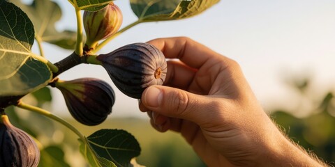 Obraz premium A person harvesting fresh ripe figs from a tree in an orchard during harvest season, representing organic farming and healthy eating