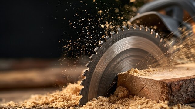 Close-up of circular saw blade cutting wood, creating sawdust and sparks in workshop