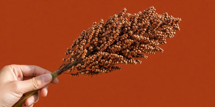 Person holding a stalk of red sorghum grain against a solid rust background, ideal for agricultural and harvest concepts