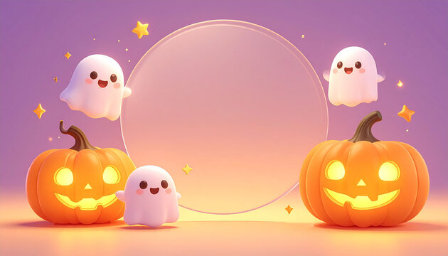 ハロウィンのジャックオーランタンと可愛いお化けの3D背景　円形の文字入れ用コピースペースがあるポップで明るい秋のイベント用デザイン素材