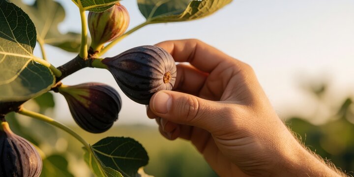 A person harvesting fresh ripe figs from a tree in an orchard during harvest season, representing organic farming and healthy eating
