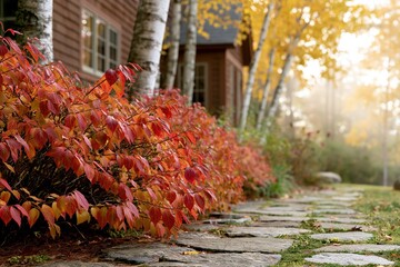Obraz premium Vibrant autumn foliage of ornamental bushes lines a stone pathway leading to a rustic house.