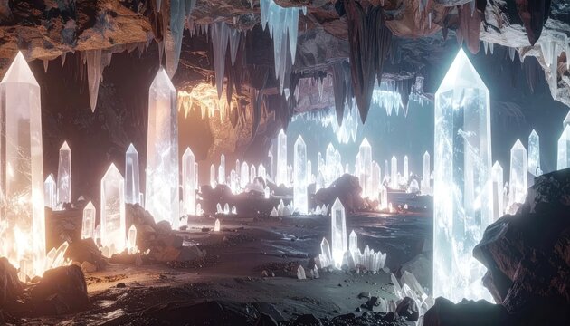 Glowing crystal cave fantasy landscape scene.