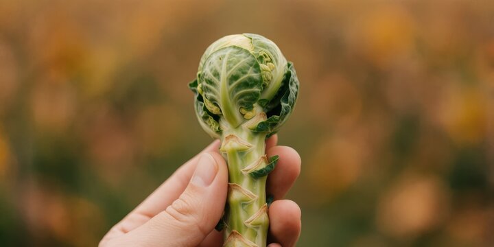 Fresh brussels sprout picked by hand in garden representing organic farming and healthy eating lifestyle