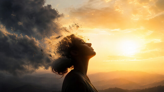 Mental health concept with woman profile and storm clouds, psychological healing and mindfulness, emotional relief and inner peace