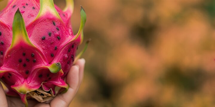 Fresh pitaya fruit held in hand close up, vibrant tropical dragonfruit for healthy diet and exotic food concept