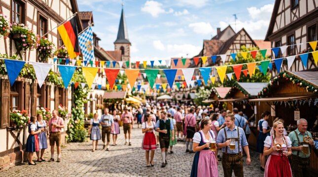 Colorful pennant flags decorate a lively German beer festival with people in traditional clothing on a village street