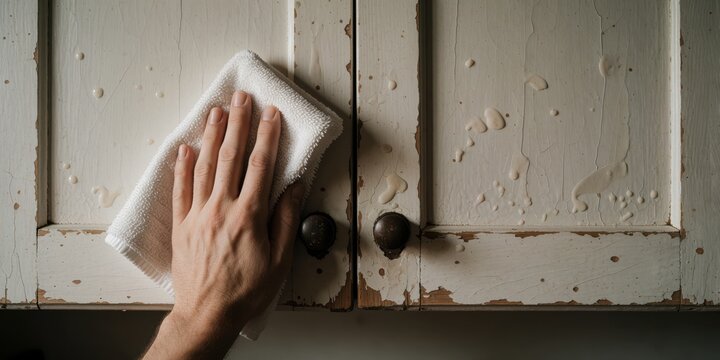 Person cleaning stained vintage kitchen cabinet with white cloth and spray to remove dirty spots