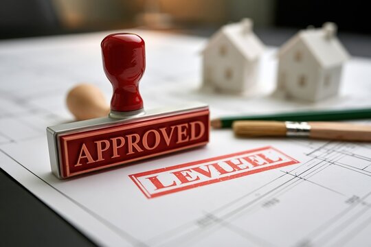 Approved Stamp on Property Deed Documents with Miniature Houses and Pencil