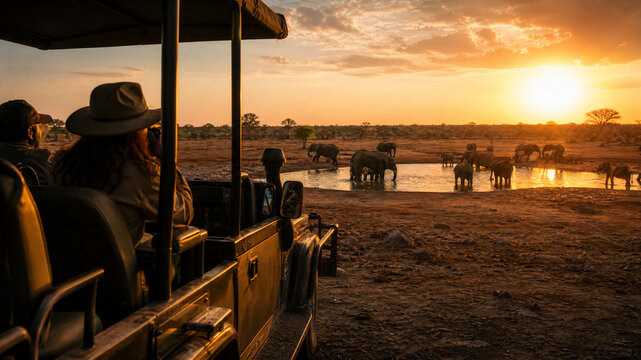 African safari sunset with elephants at waterhole, tourists in off-road vehicle watching wildlife, golden hour savanna landscape