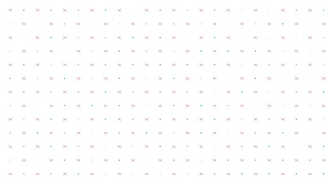 Abstract Light White Background Seamless Loop Motion Graphics Featuring Rotating Pink Plus Symbols And Pulsing Blue Dots Diagonal Matrix Grid