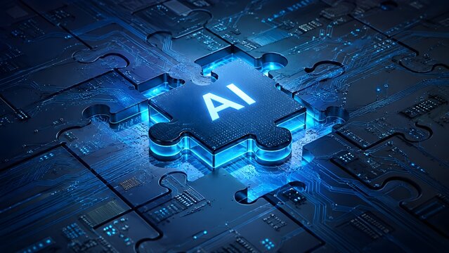 Glowing blue circuit board designed as interlocking puzzle pieces with a central AI piece, illustrating artificial intelligence integration and machine learning technology