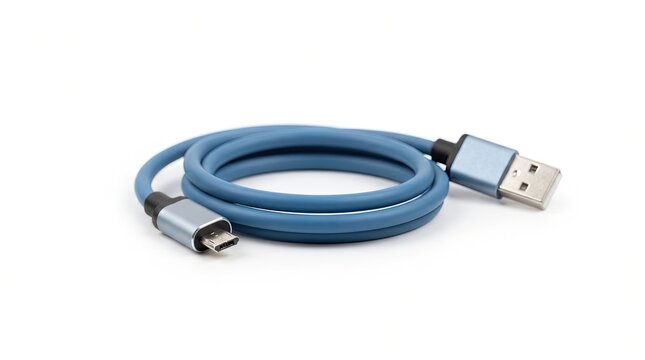 Blue micro usb cable with metallic connector on white surface