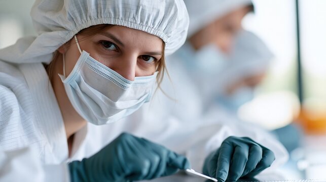 Scientist in sterile protective clothing and mask performs delicate laboratory research