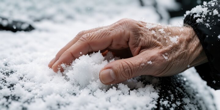 Elderly man touching snow with his bare hand in winter, senior person interacting with cold weather and nature outdoors, concept of aging and winter season