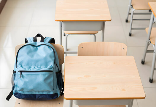 Light blue backpack on a wooden school chair in an empty classroom with desks and chairs, Multiple wooden desks and chairs are arranged in rows, ready for students