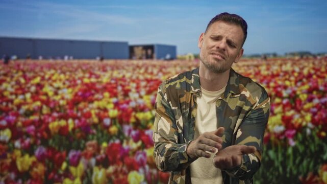 Man soldier in camouflage jacket claps and rubs hands while beckoning with a finger near a warehouse building in a tulip field; discomfort reflection.