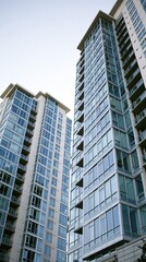 Obraz premium Modern high-rise apartment buildings with glass facades and balconies, urban city skyline