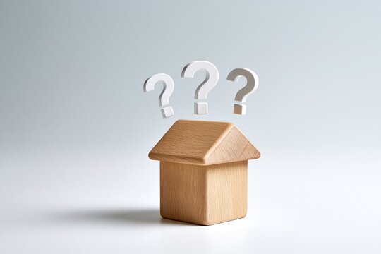 Wooden house model with question marks above, symbolizing uncertainty and decision-making in real estate