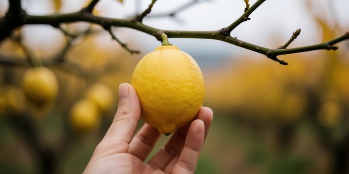 A hand picking a fresh ripe yellow lemon from a branch in an orchard representing harvest and agriculture