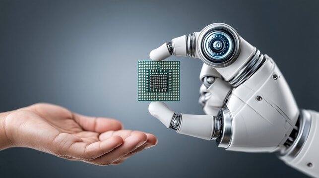 Robotic hand offering a microchip to a human hand, symbolizing technological advancement and AI integration