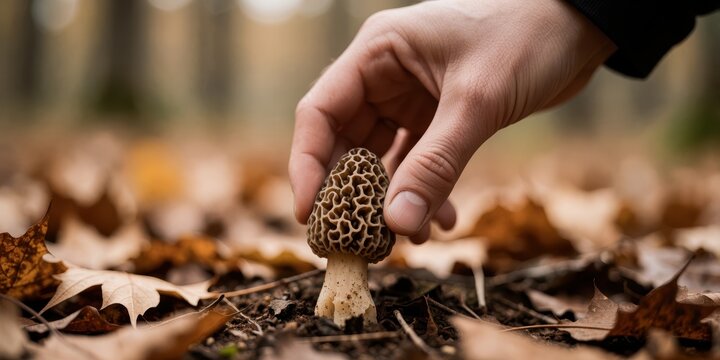 Foraging for wild morel mushrooms in the autumn forest, a hand picking a fresh edible fungus from the ground, concept of sustainable harvesting and outdoor autumn activity