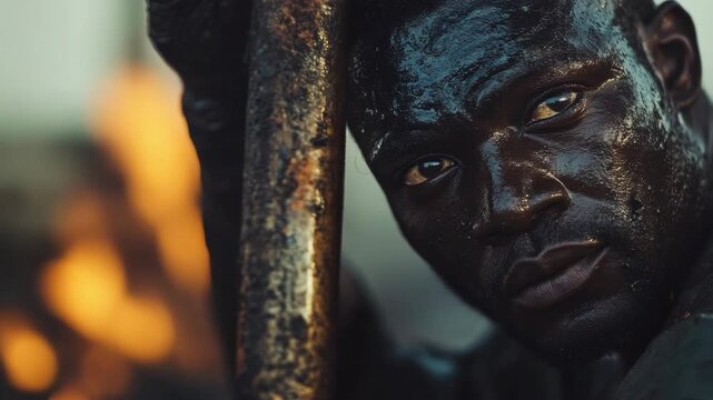 A man with oil-stained skin looks off into the distance, reflecting deep thought and resolve.