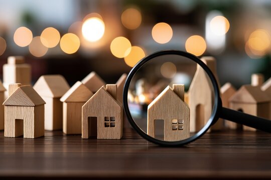Magnifying glass inspecting small wooden house models in a row, symbolizing real estate search and property selection
