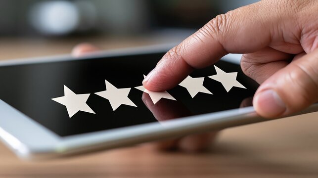 Customer rating five stars on digital device screen with fingertip selecting excellent feedback