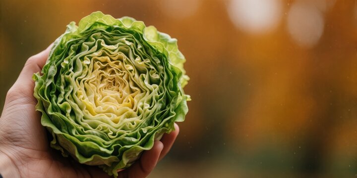 Fresh halved head of crisp green lettuce held in hand showcasing intricate layers for healthy eating and culinary concepts