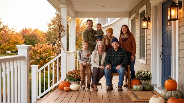 Multi generational family sitting on porch decorated with pumpkins