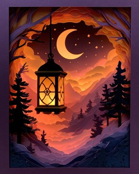 A lantern hangs in a shadow box scene showing mountains and a crescent moon at dusk. Shadows and light create depth in the layered paper.
