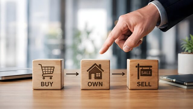 Real estate investment process concept with finger pointing at wooden blocks showing buy own sell symbols for property market strategy