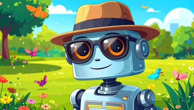 Robot wearing sunglasses and hat outdoors.
