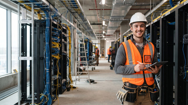 Server room data center expansion technician wearing hard hat and safety vest with tablet in cable aisle