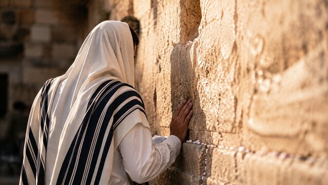 Jewish man wrapped in a tallit praying at the Western Wall in Jerusalem, beautiful golden sunlight, Rosh Hashanah and Yom Kippur High Holy Days concept, copy space