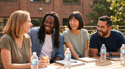 Obraz premium Diverse friends laughing together during outdoor lunch break
