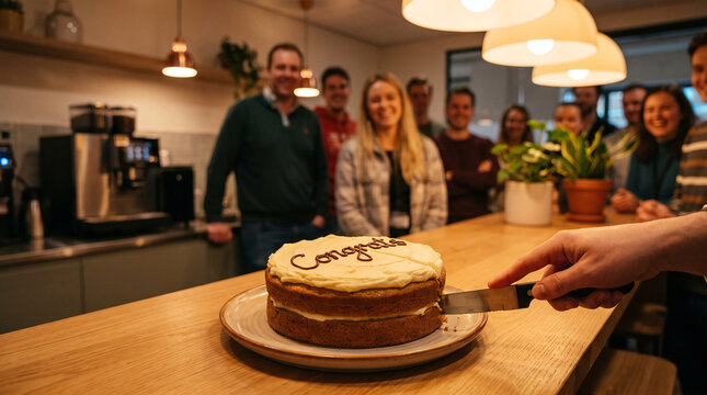 Hand cutting celebration cake in modern office kitchen