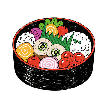 A Hand-Drawn Illustration Featuring a Traditional Japanese Bento Box Meal