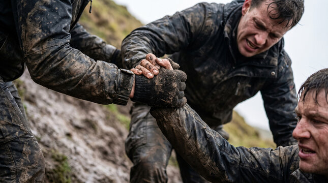 Men helping each other during muddy obstacle race